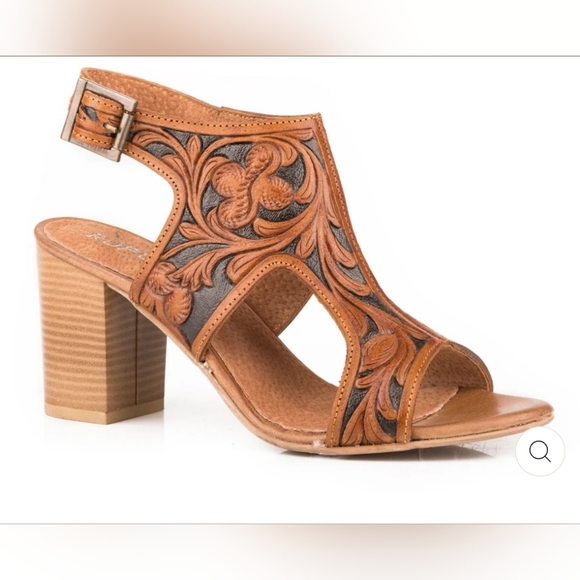 Roper Womens Tan Floral Tooled Leather Open Toe Sandal Size 11 New - Picture 1 of 12